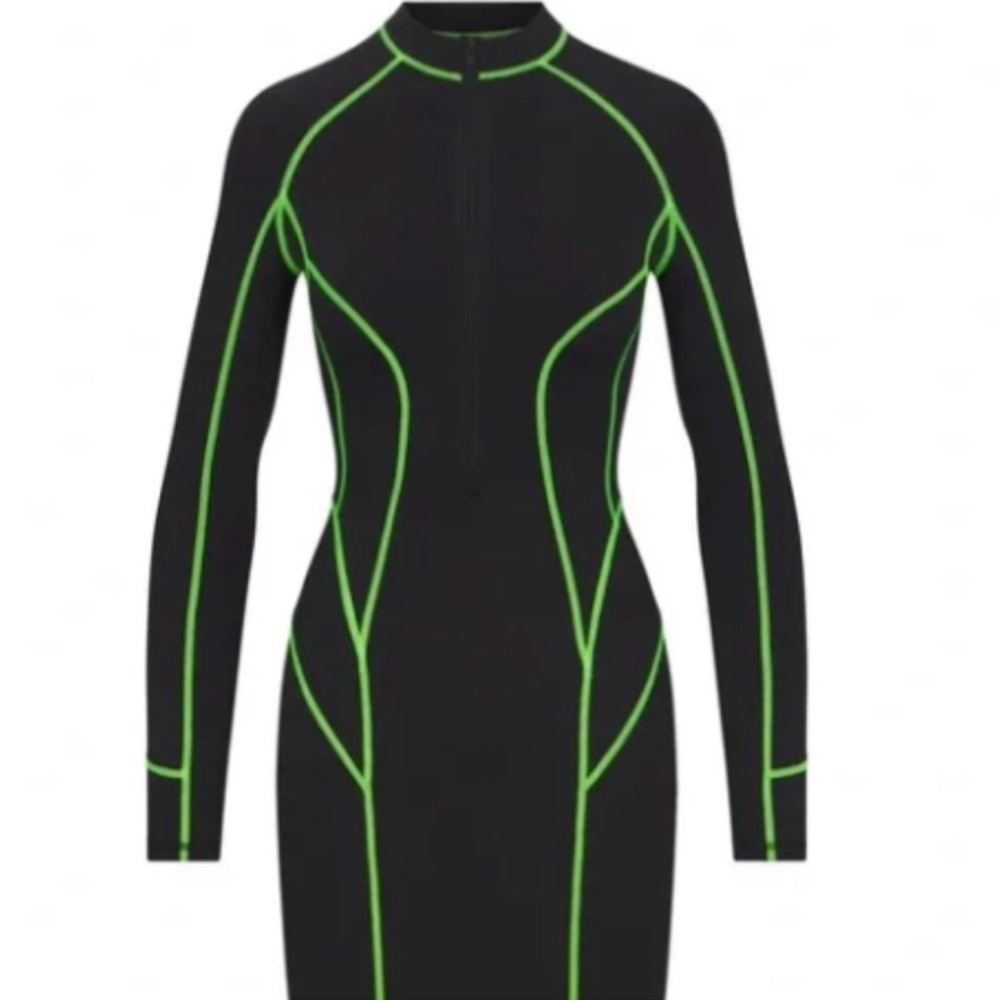 SKIMS Moto neck black contour dress with green stitching BRAND NEW NEVER WORN